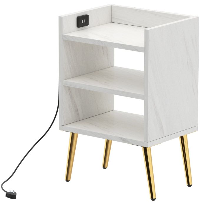 White marble effect nightstand with three open shelves USB charging port and gold legs