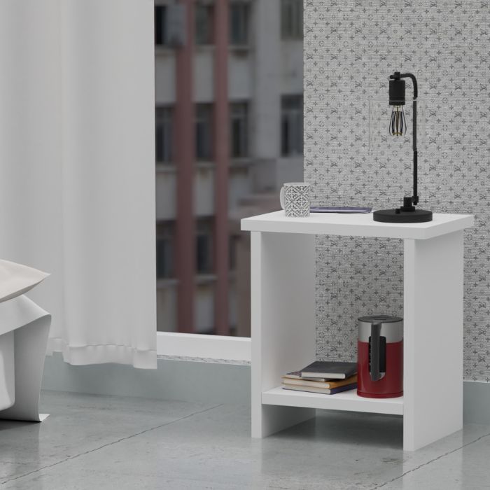 Mahmayi white nightstand with open lower shelf styled with lamp and mug beside a window