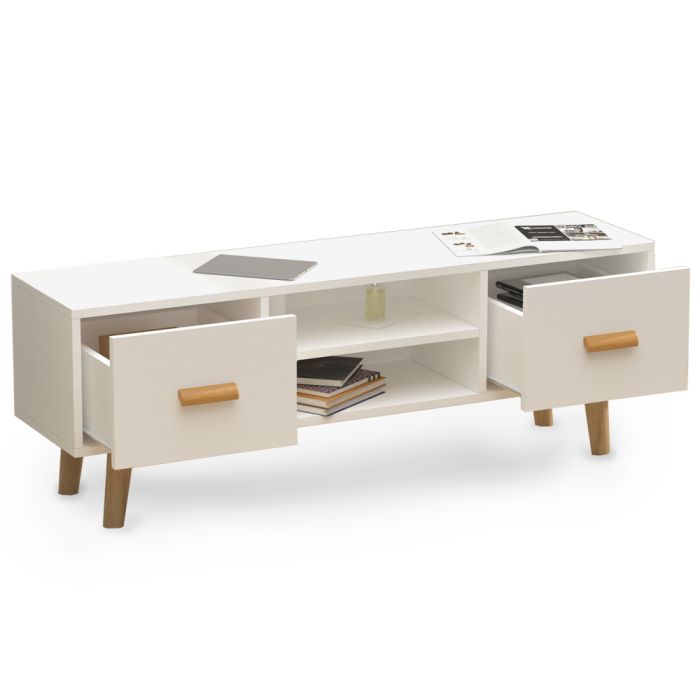 Mahmayi 301 white TV stand with two open drawers and central open shelves on splayed wooden legs