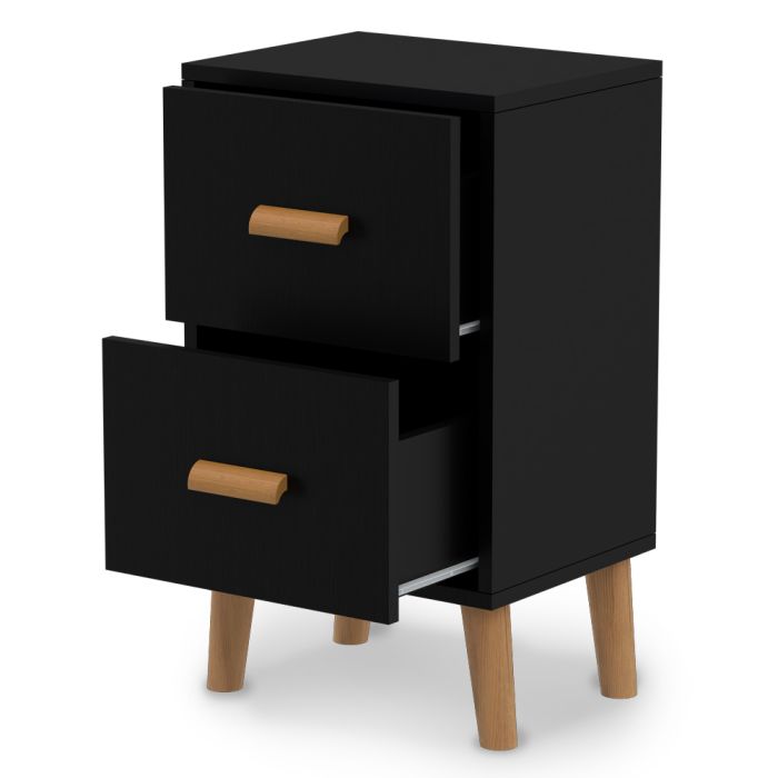 Black wooden two-drawer nightstand with natural wood handles and legs.