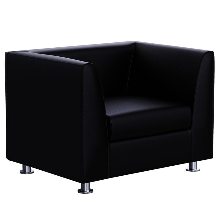 Mahmayi 679 black PU single seater sofa with cube silhouette and polished chrome cylinder legs on white background