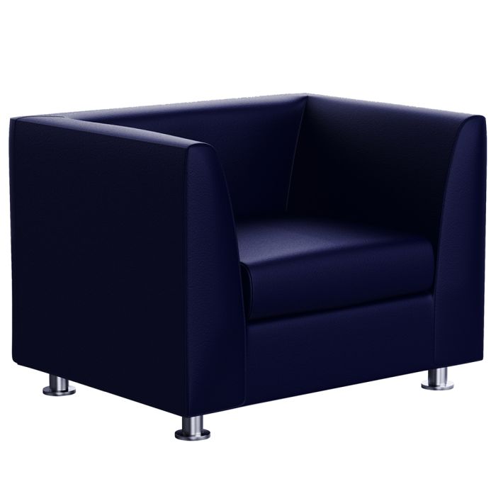Mahmayi 679 single seater blue PU sofa with chrome legs shown on white background at a three-quarter angle