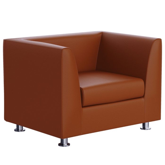Mahmayi 679 single seater brown PU sofa with cube silhouette and polished metal legs angled view