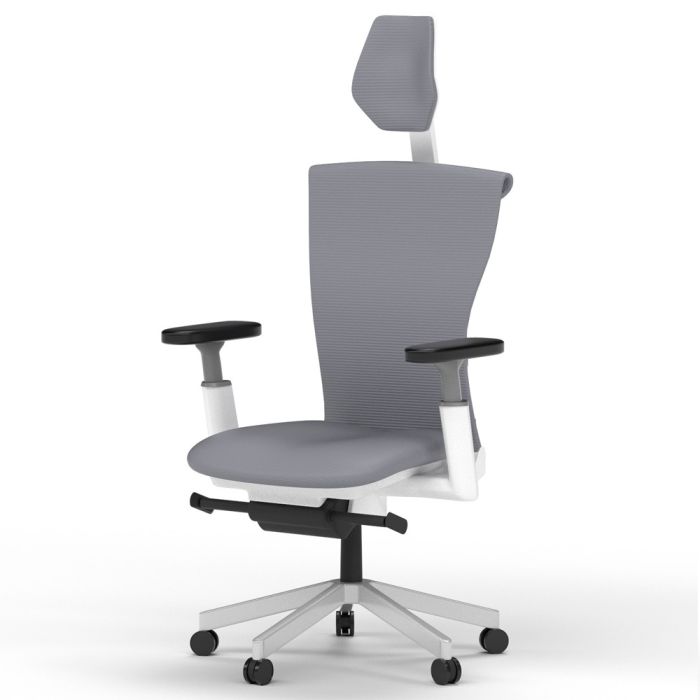 Mahmayi MF-1229P grey mesh high back executive office chair with white frame adjustable headrest and black armrests front angle view
