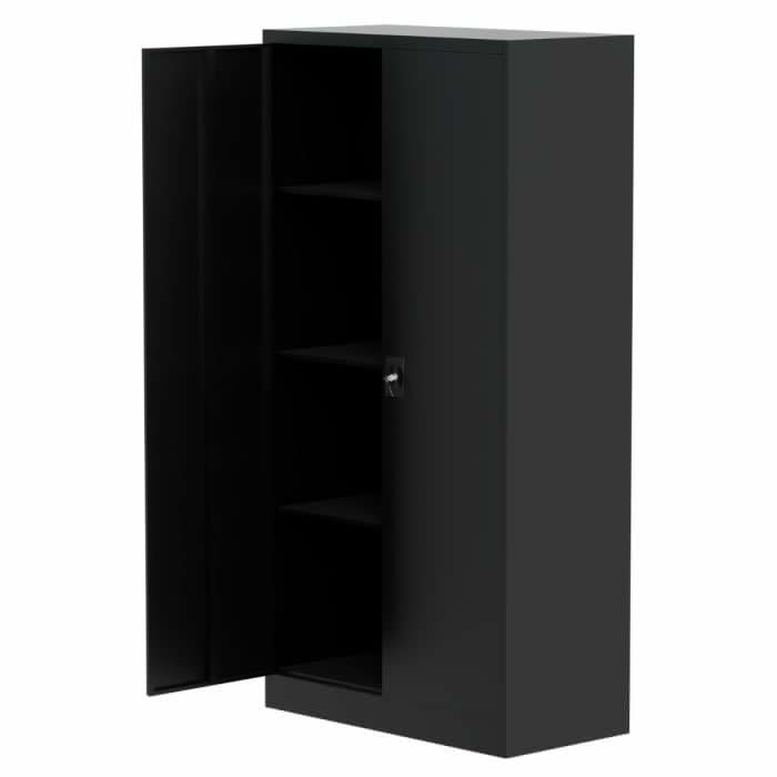 Black steel full height cupboard with one door open showing shelves and lock