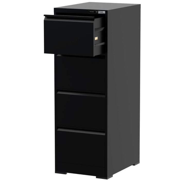black 4 drawer filing cabinet with top drawer open and digital lock