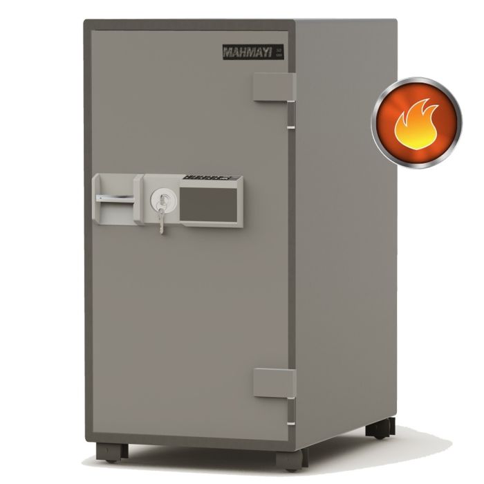 Mahmayi SD 106A grey digital fire safe with dual key and digit lock on white background