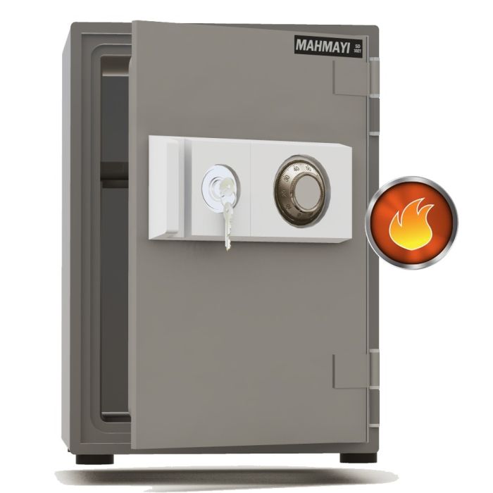 Grey fire safe with dial and key lock door slightly open