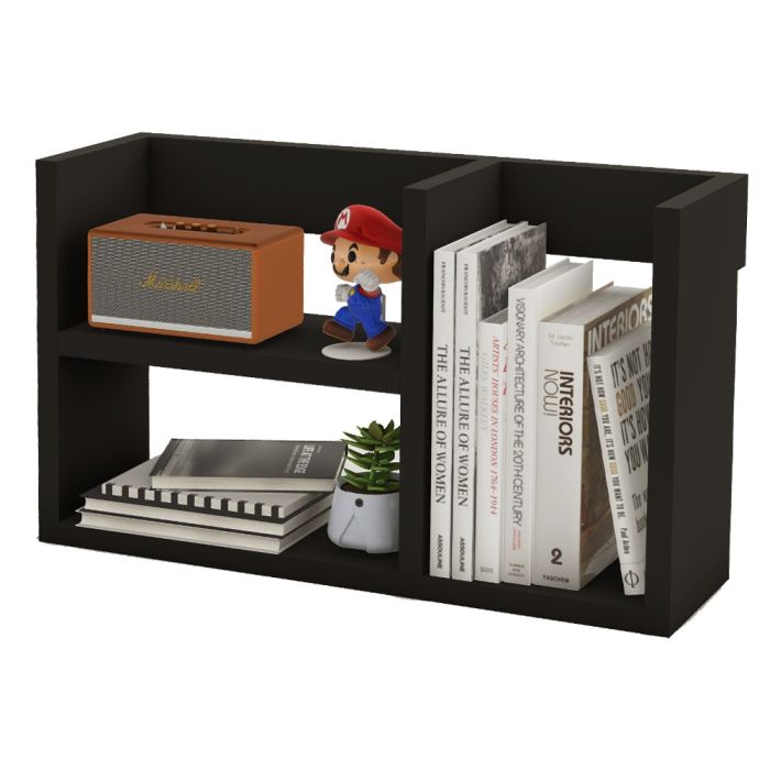 Black desktop bookshelf with two tiers and vertical divider holding books and decor