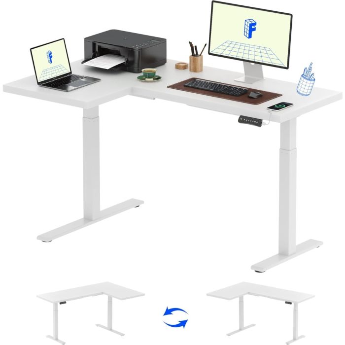 White L shaped standing desk with laptop monitor and printer
