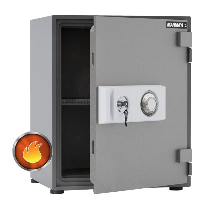 open grey fire safe with dial and key lock