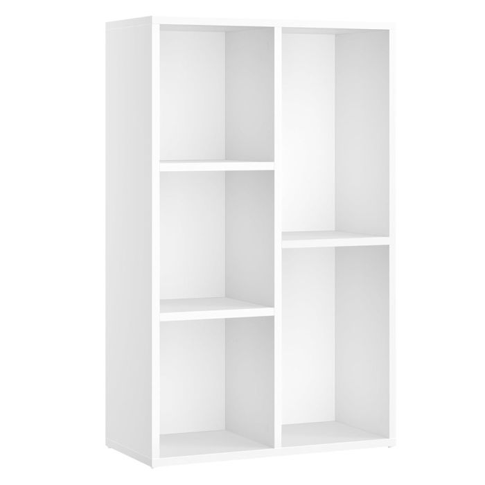 White five cube bookcase with asymmetrical shelves