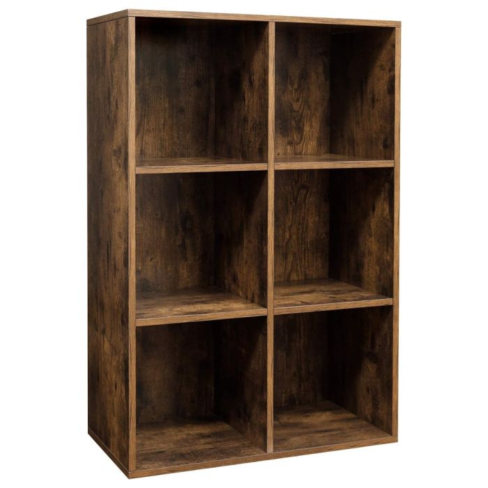 Dark oak six cube bookcase three quarter view