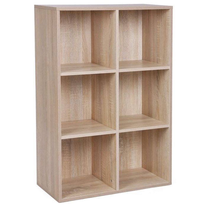 Natural oak six cube bookcase standing upright