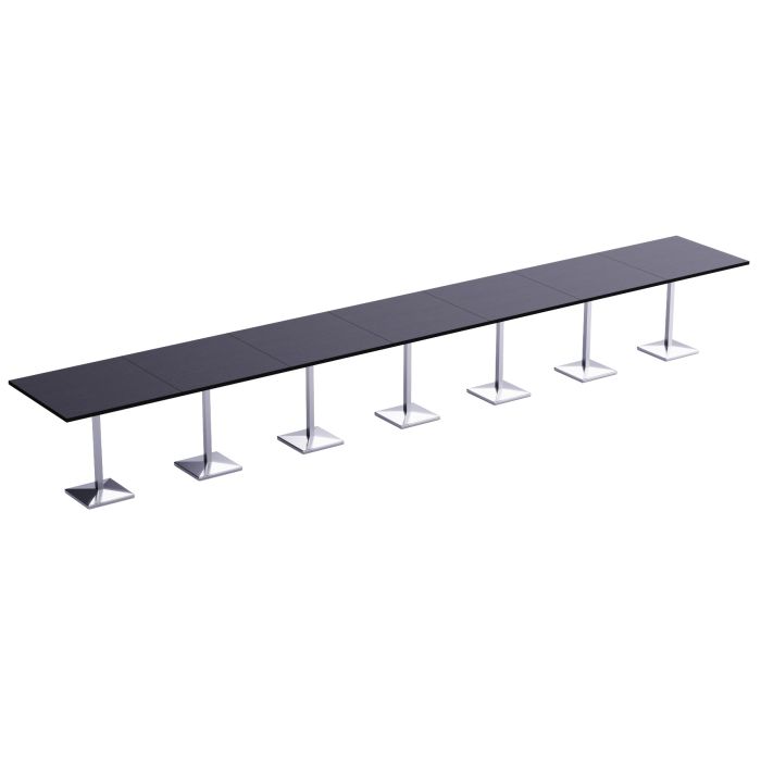 Long modular row of black square bar tables with chrome pedestal bases