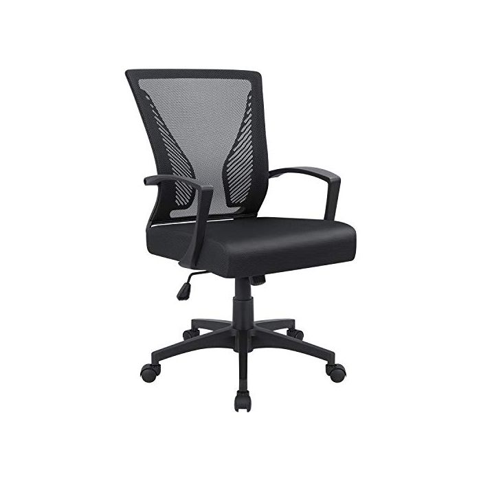 Black mesh ergonomic office chair with adjustable height  padded seat  armrests  and a five-wheel base.