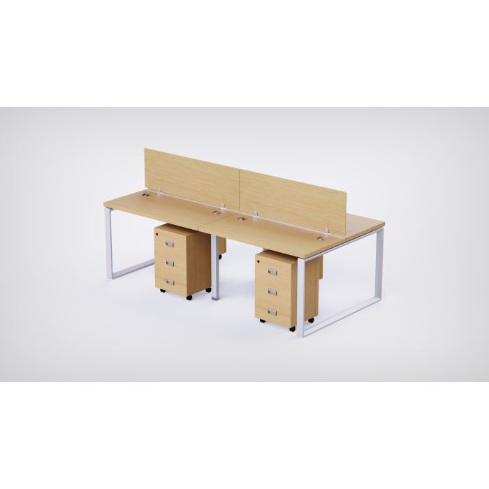 Mahmayi 4 Seater Loop Workstation Oak finish with wood divider and mobile drawer pedestals white loop frame angled view