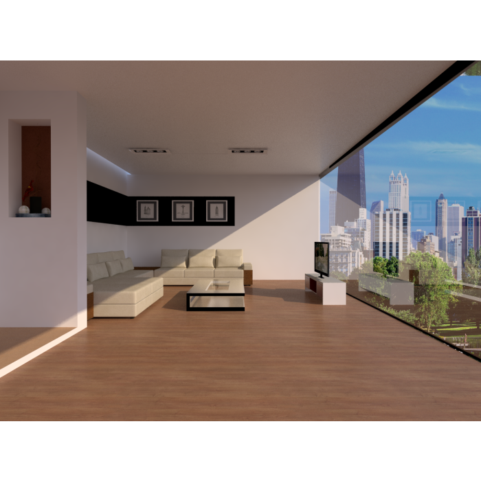 Modern minimalist living room with cream sectional sofa  wooden floors  glass coffee table  wall-mounted TV  and large floor-to-ceiling window with city view.