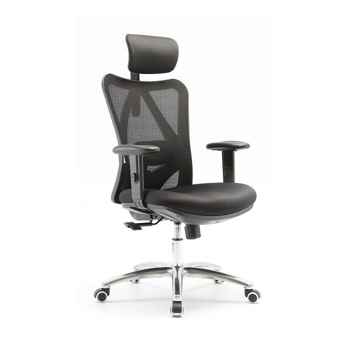 Black mesh ergonomic office chair with headrest front left angle