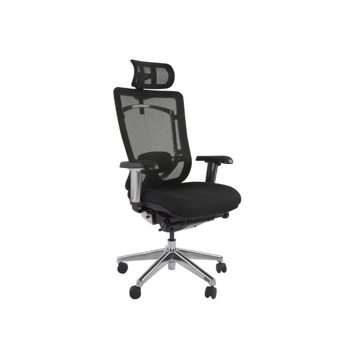 Black mesh ergonomic office chair with adjustable headrest  armrests  and a cushioned seat on a metal five-wheel base.