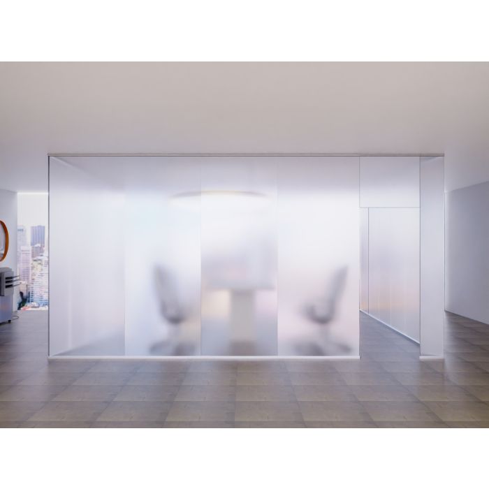 Mahmayi full frosted glass cabin partition wall without door showing silhouettes of office chairs inside a modern open-plan office
