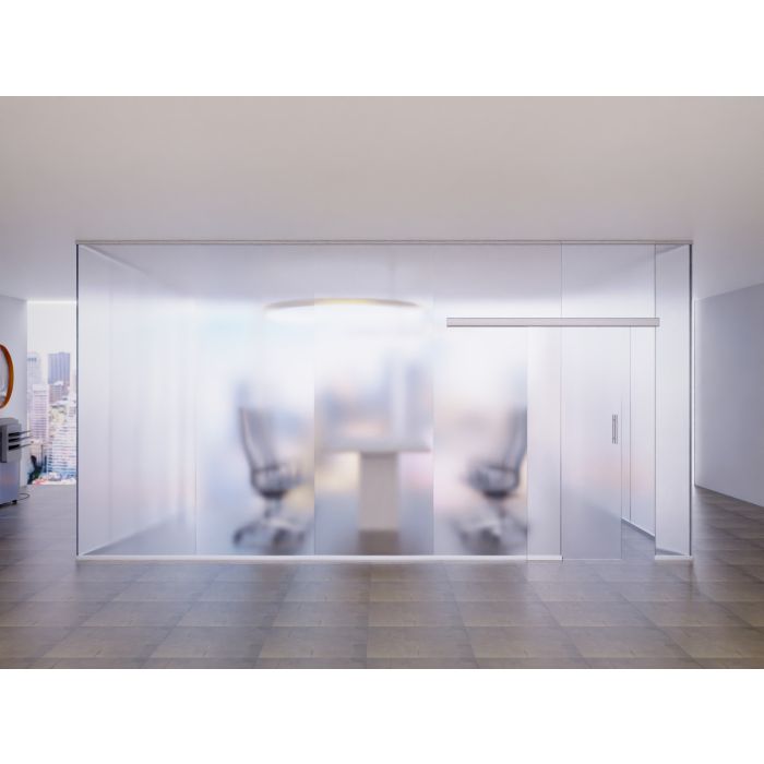 Mahmayi full frosted glass office cabin with sliding door front view showing diffused silhouettes of meeting chairs inside