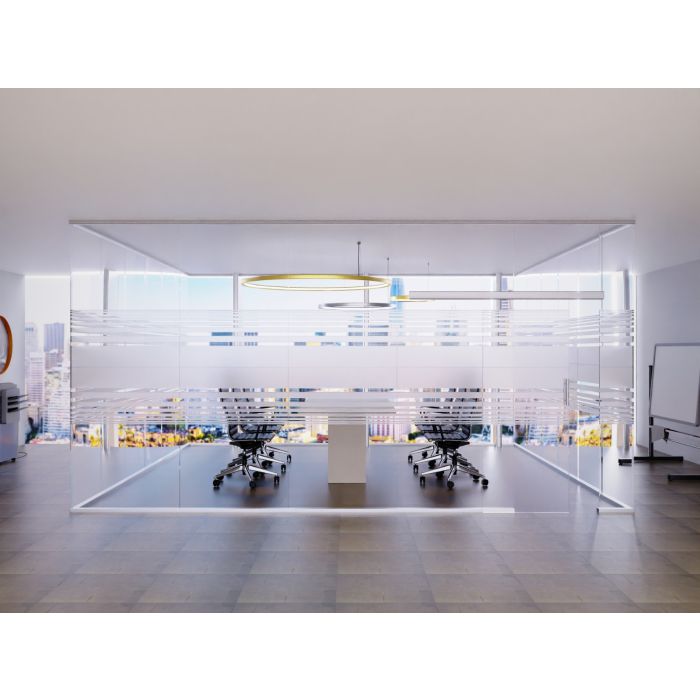 Mahmayi middle frosted glass cabin with sliding door enclosing a conference room with city skyline view — front elevation