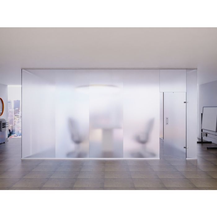 Full frosted glass office cabin with swing door and silver bar handles viewed from the front in a modern open-plan office