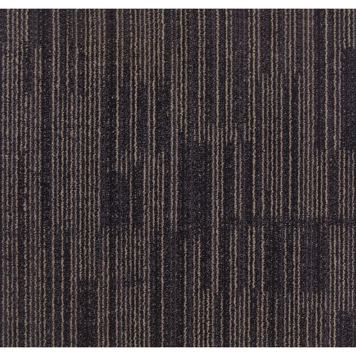 Dark brown and beige striped carpet with a textured loop pile pattern.