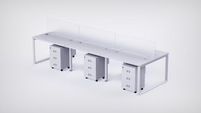 Mahmayi 6 Seater Loop Shared Structure in White color with Polycarbonate Divider, with Drawer & without Mesh Chair  - W180cm x D60cm Each Worktop Size