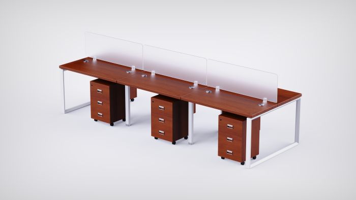 Mahmayi 6 Seater Loop Shared Structure in Apple Cherry color with Polycarbonate Divider, with Drawer & without Mesh Chair  - W120cm X D60cm Each Worktop Size