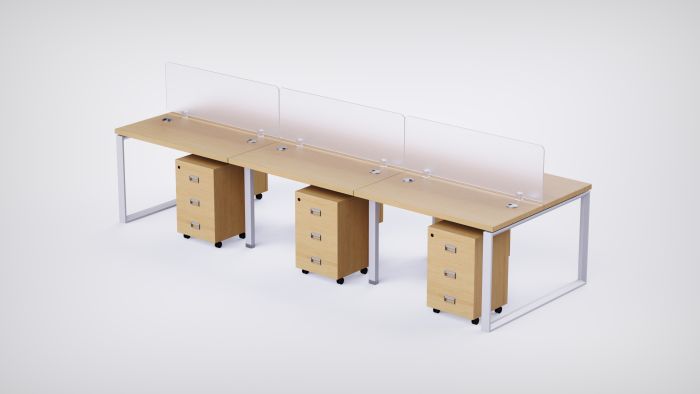 Mahmayi 6 Seater Loop Shared Structure in Oak color with Polycarbonate Divider, with Drawer & without Mesh Chair  - W180cm x D60cm Each Worktop Size