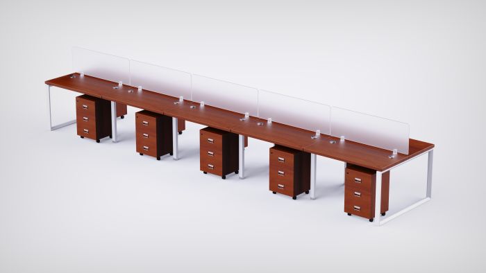 Mahmayi 10 Seater Loop Shared Structure in Apple Cherry color with Polycarbonate Divider, with Drawer & without Mesh Chair  - W180cm x D75cm Each Worktop Size