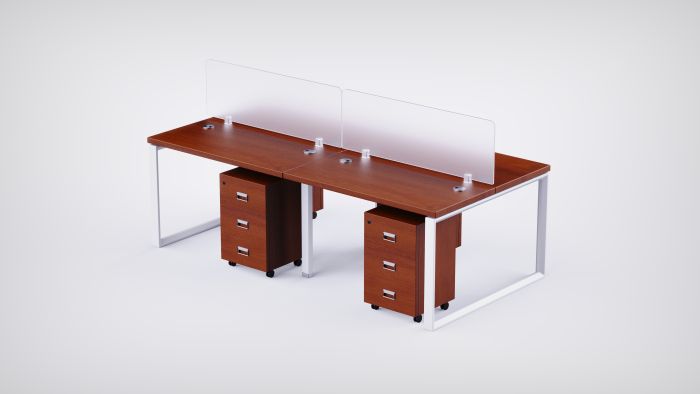 Mahmayi 4 Seater Loop Shared Structure in Apple Cherry color with Polycarbonate Divider, with Drawer & without Mesh Chair  - W180cm x D75cm Each Worktop Size