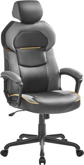 Mahmayi Office Chair, Adjustable Height, PU and Cotton Linen Surface, Adjustable Headrest, Padded Armrests, Reclining Backrest - Black