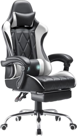 Mahmayi Gaming Office, Computer Chair PC Chair with Massage Lumbar Support, Racing Style Faux Leather High Back Adjustable Swivel Chair with Footrest (Black and White)