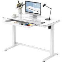 Mahmayi Flexispot Electric Height Adjustable Standing Desk With Drawer 48 X 24 Inch Tempered Glass White Desktop & Frame 2.4A USB Charge Ports