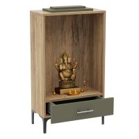 Mahmayi Modern Wooden Mandir, Temple with Single Drawer for Keeping Pooja Essentials Steel Legs Vintage Santa Fe Oak and Lava Grey Ideal for Home, Office, Temple