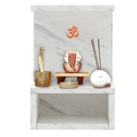 Mahmayi Modern Wooden Small Mandir, Temple with Single Open Shelf for Small Spaces White Levanto Marble Ideal for Home, Office, Temple