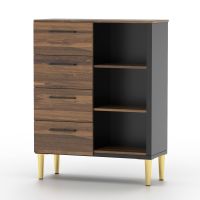 Mahmayi Modern Chest of Drawer with 4 Storage Drawers and 3 Open Shelves Dark Hunton Oak and Black Ideal for Office, Home, Bedroom, Living Room
