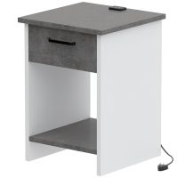 Mahmayi Modern Night Stand, Side End Table with Attached BS02 USB Charger Port, Single Drawer and Open Storage Shelf Metal Fabric Anthracite and White Ideal for Bedroom and Living Room