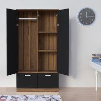 Mahmayi Modern Two Door Wardrobe with 2 Storage Drawers and Clothing Hanging Rods Dark Hunton Oak and Lava Grey Finish for Home and Bedroom Organization