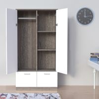 Mahmayi Modern Two Door Wardrobe with 2 Storage Drawers and Clothing Hanging Rods Grey Brown White River Oak and Premium White Finish for Home and Bedroom Organization
