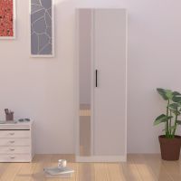 Mahmayi Modern Single Door Wardrobe with 3 Open Side Shelves, Mirror and Hanging Rods Efficient Storage for Home, Bedroom Premium White