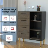 Mahmayi Modern Chest of Drawer with 4 Storage Drawers and 3 Open Shelves Ferro Bronze Board and Black Ideal for Office, Home, Bedroom, Living Room
