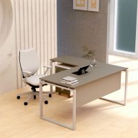 Mahmayi Carre 5116L L-Shaped Modern Workstation Desk with Storage Drawer, Computer Desk, Square Metal Legs with Modesty Panel Grey Ideal for Home, Office