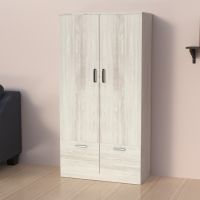 Mahmayi Modern Two Door Wardrobe with 2 Storage Drawers and Clothing Hanging Rods Cascina Pine Finish for Home and Bedroom Organization