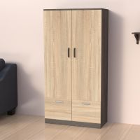 Mahmayi Modern Two Door Wardrobe with 2 Storage Drawers and Clothing Hanging Rods Dark Grey Chicago Concrete and Grey Bardolino Oak Finish for Home and Bedroom Organization