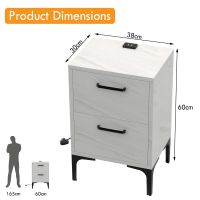 Mahmayi Modern Night Stand, Side End Table with Attached BS02 USB Charger Port and 2 Storage Drawers White Levento Marble Ideal for Bedroom and Living Room