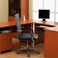 Furmax Ribbed Office Desk Mid-Back PU Leather Executive Conference Chair - Black